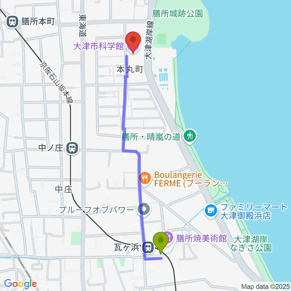 瓦ヶ浜駅から大津市生涯学習センターへのルートマップ地図