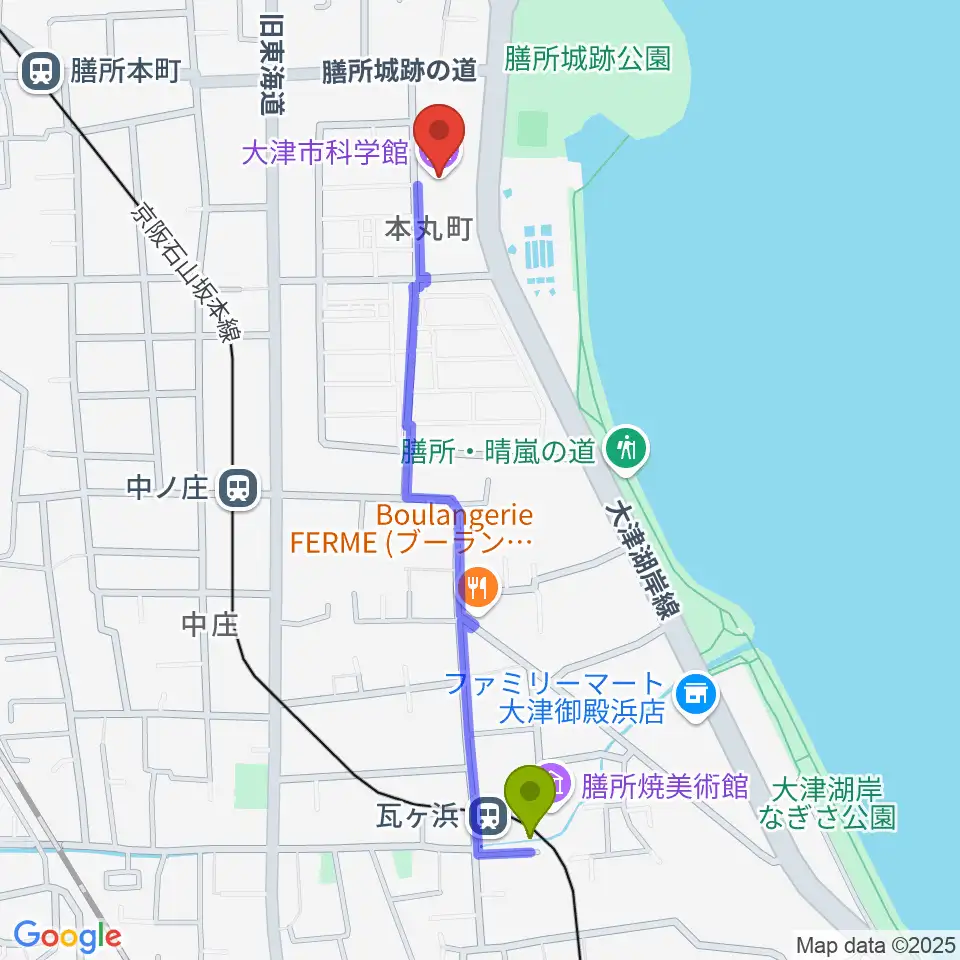 瓦ヶ浜駅から大津市生涯学習センターへのルートマップ地図