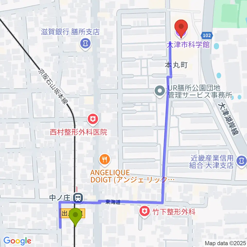 大津市生涯学習センターの最寄駅中ノ庄駅からの徒歩ルート（約7分）地図