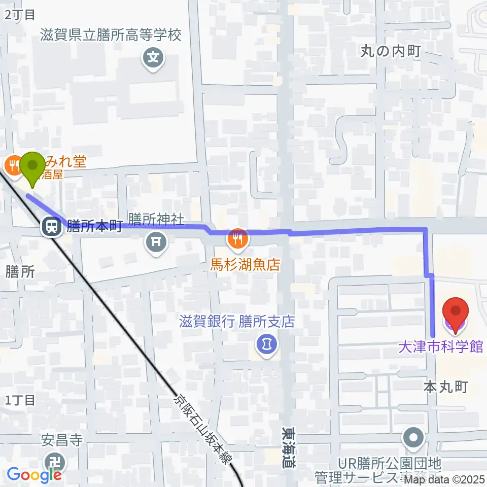 膳所本町駅から大津市生涯学習センターへのルートマップ地図