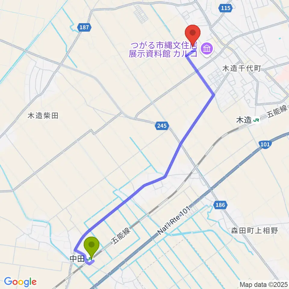 中田駅から伊藤鉱業アリーナつがるへのルートマップ地図