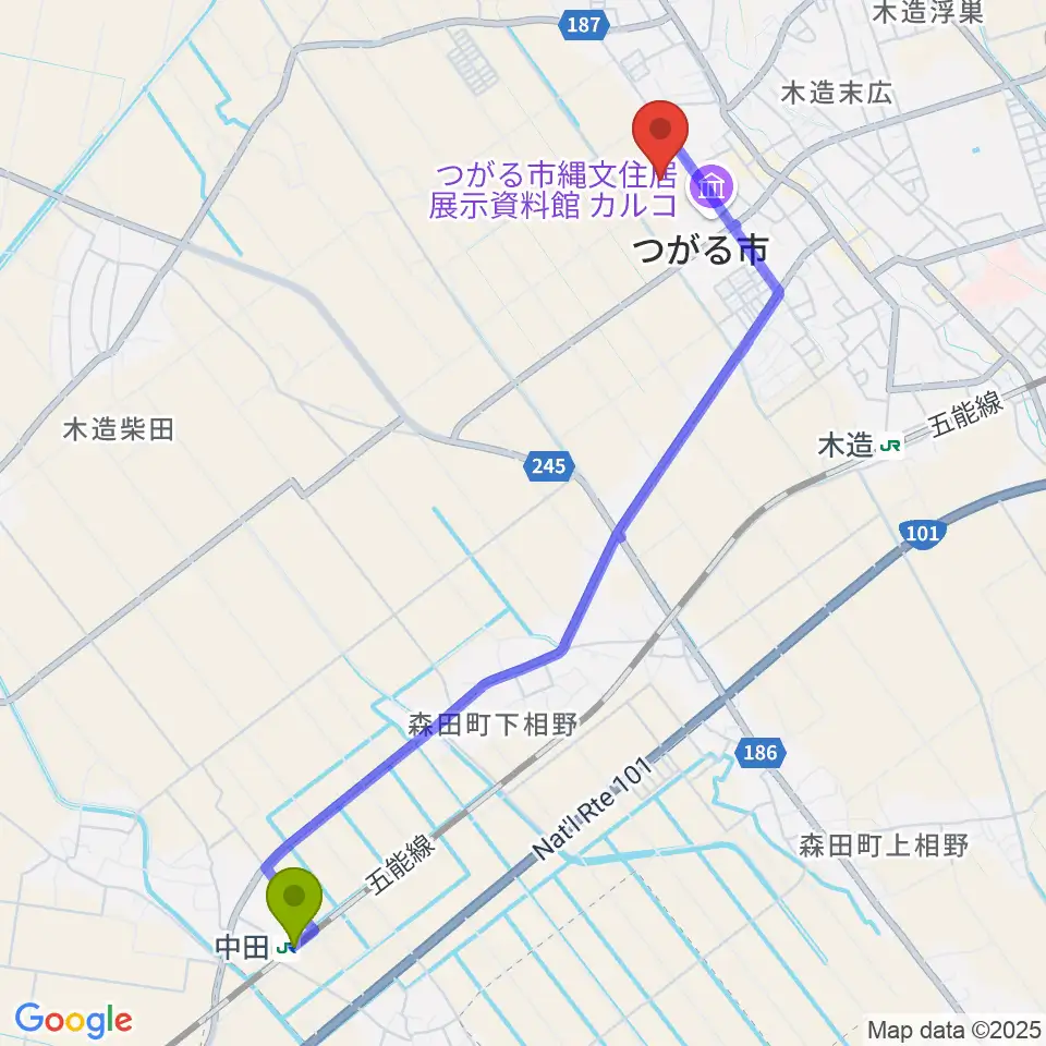 中田駅から伊藤鉱業アリーナつがるへのルートマップ地図