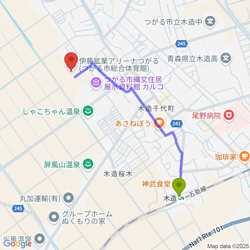 伊藤鉱業アリーナつがるの最寄駅木造駅からの徒歩ルート（約19分）地図