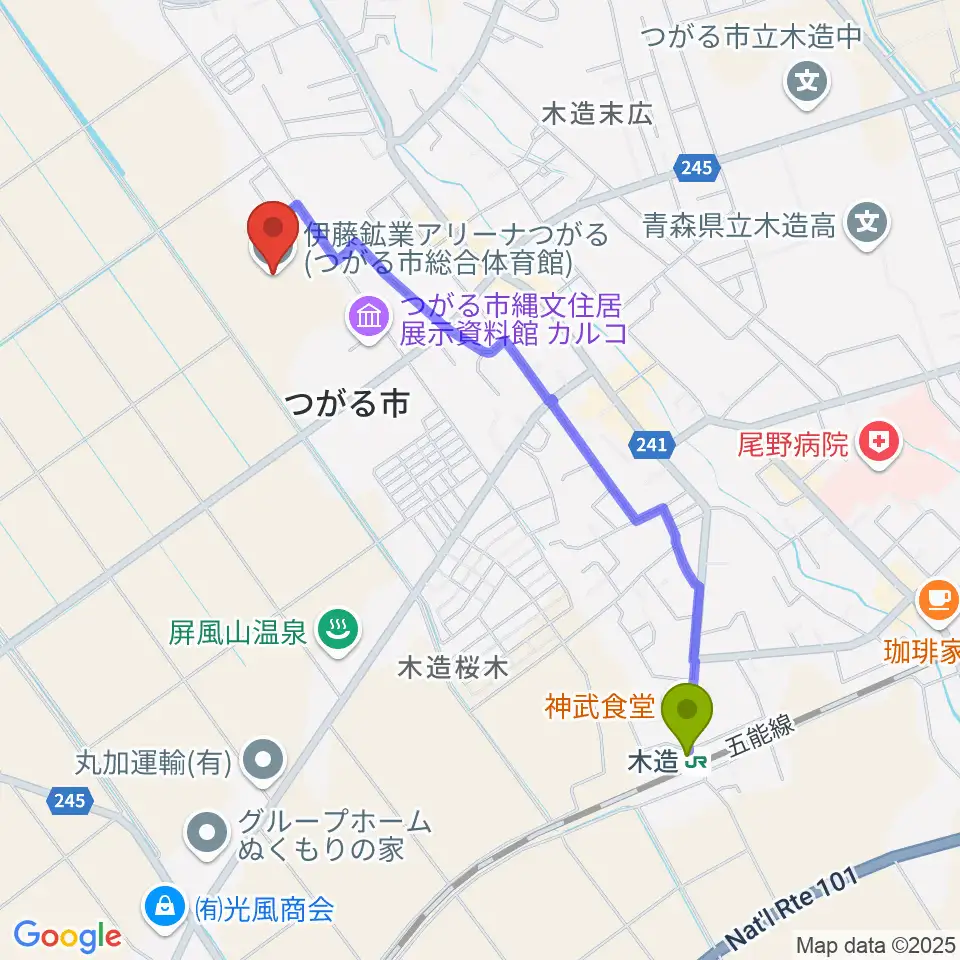 伊藤鉱業アリーナつがるの最寄駅木造駅からの徒歩ルート（約19分）地図