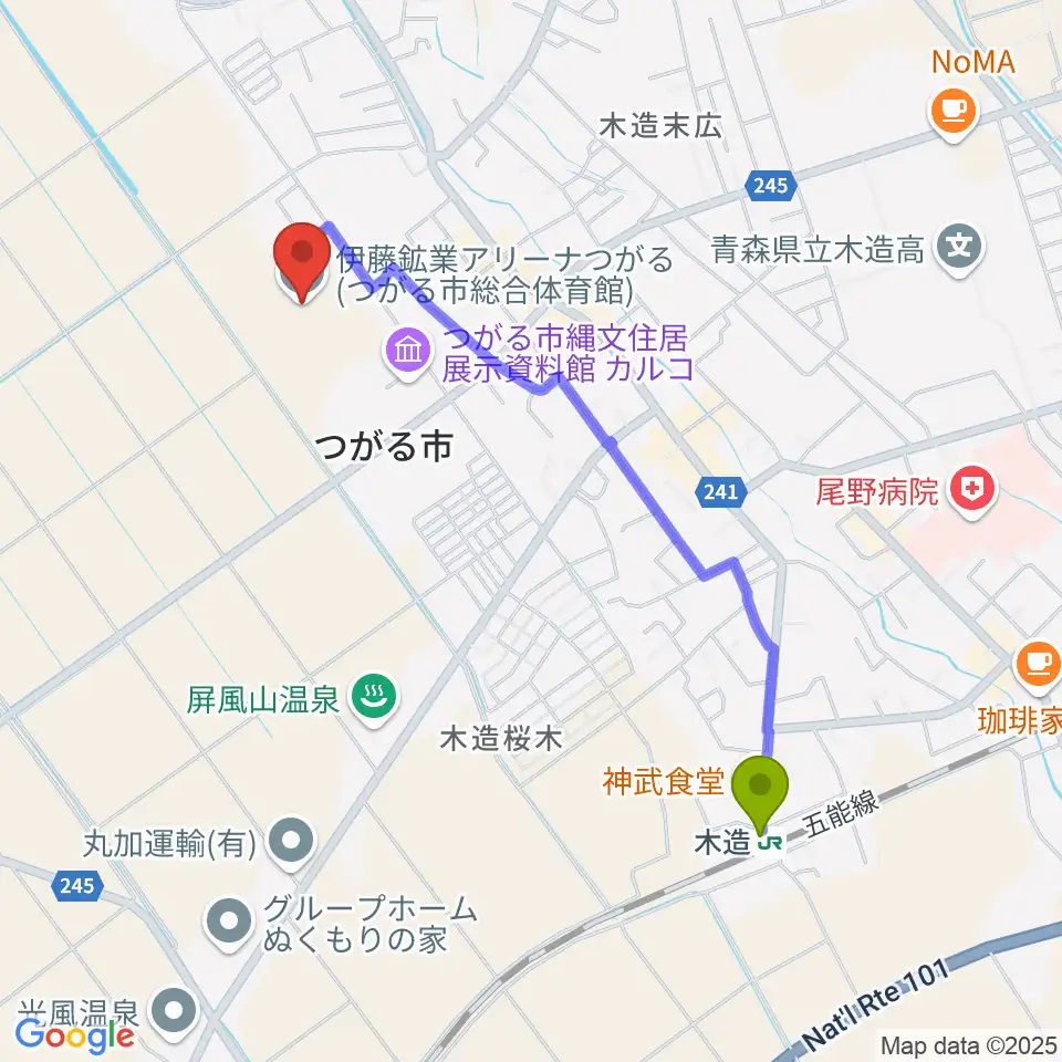 伊藤鉱業アリーナつがるの最寄駅木造駅からの徒歩ルート（約19分）地図