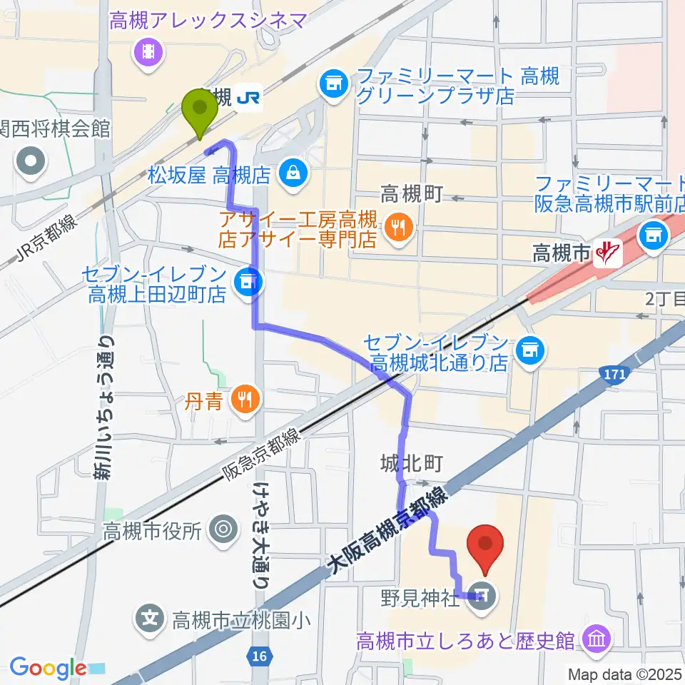 高槻駅から高槻城公園芸術文化劇場 北館へのルートマップ地図