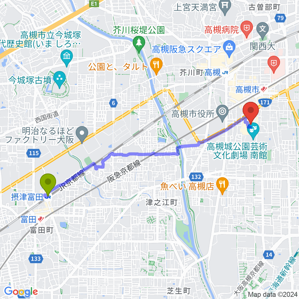 摂津富田駅から高槻城公園芸術文化劇場 北館へのルートマップ地図