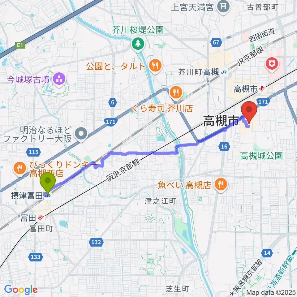 摂津富田駅から高槻城公園芸術文化劇場 北館へのルートマップ地図