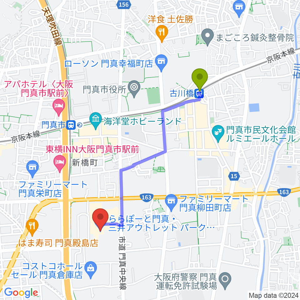 古川橋駅からTOHOシネマズ ららぽーと門真へのルートマップ地図