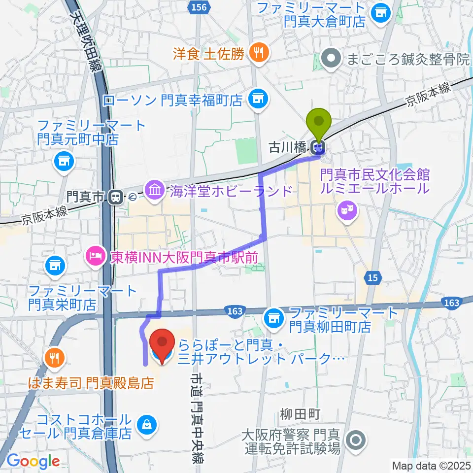 古川橋駅からTOHOシネマズ ららぽーと門真へのルートマップ地図