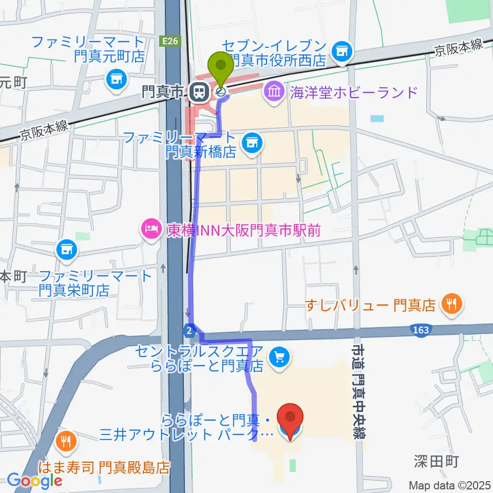 TOHOシネマズ ららぽーと門真の最寄駅門真市駅からの徒歩ルート（約11分）地図