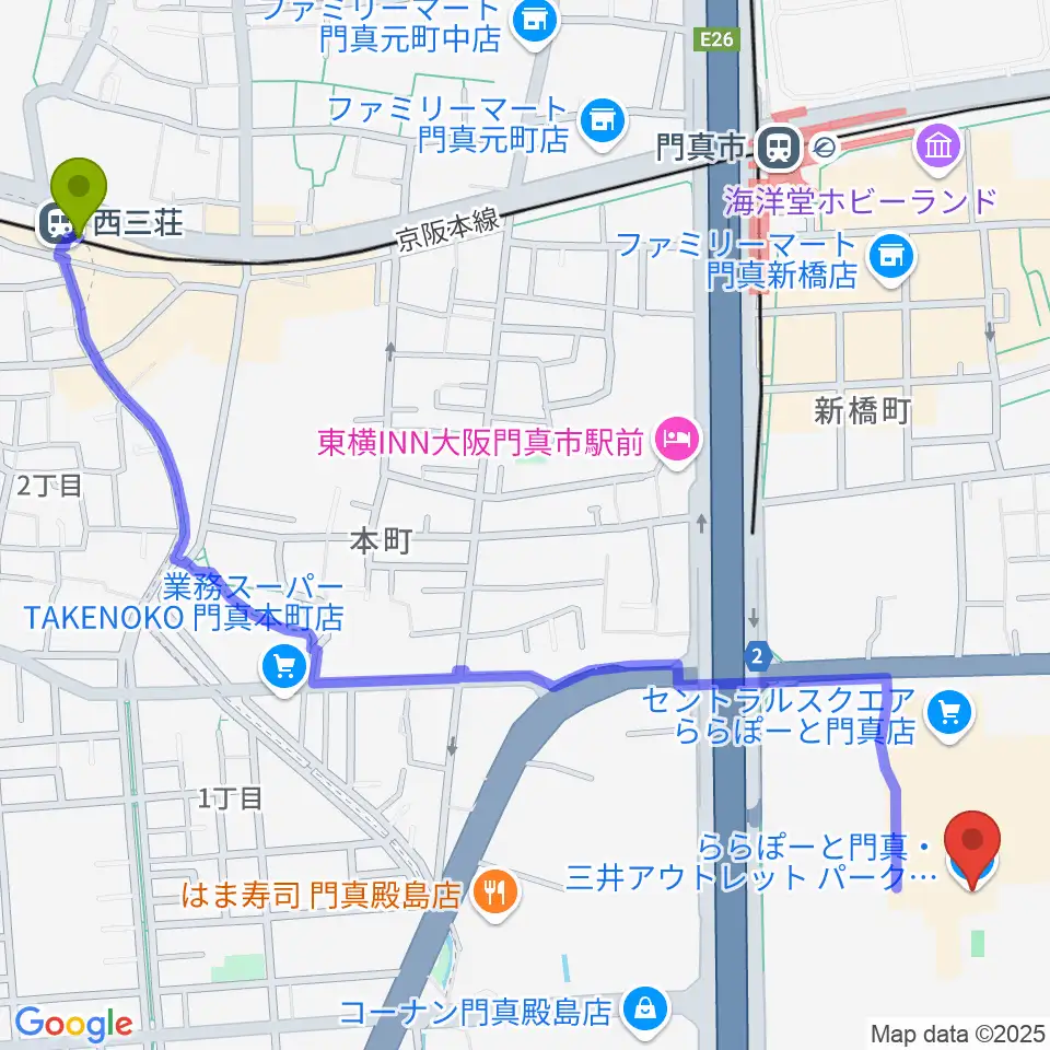 西三荘駅からTOHOシネマズ ららぽーと門真へのルートマップ地図