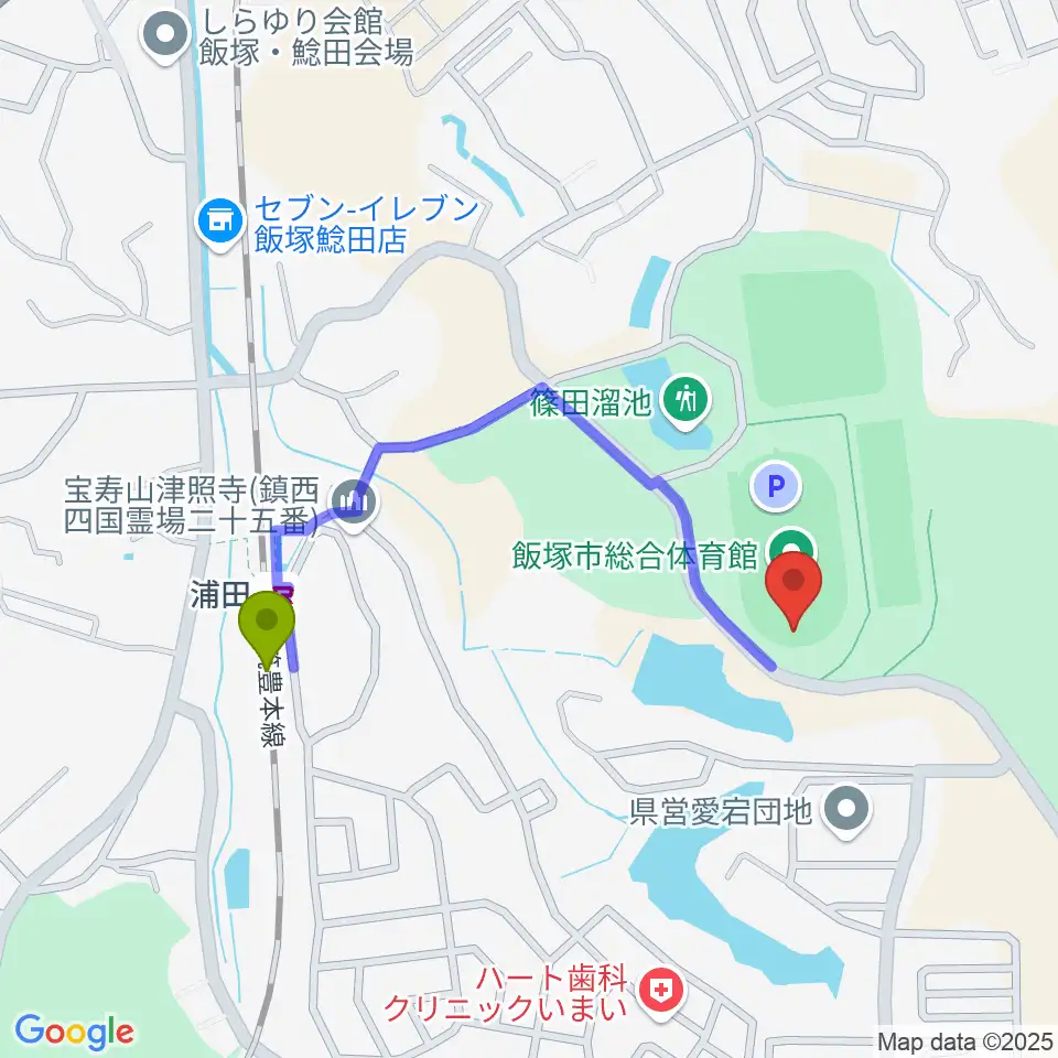 飯塚市総合体育館の最寄駅浦田駅からの徒歩ルート（約8分）地図