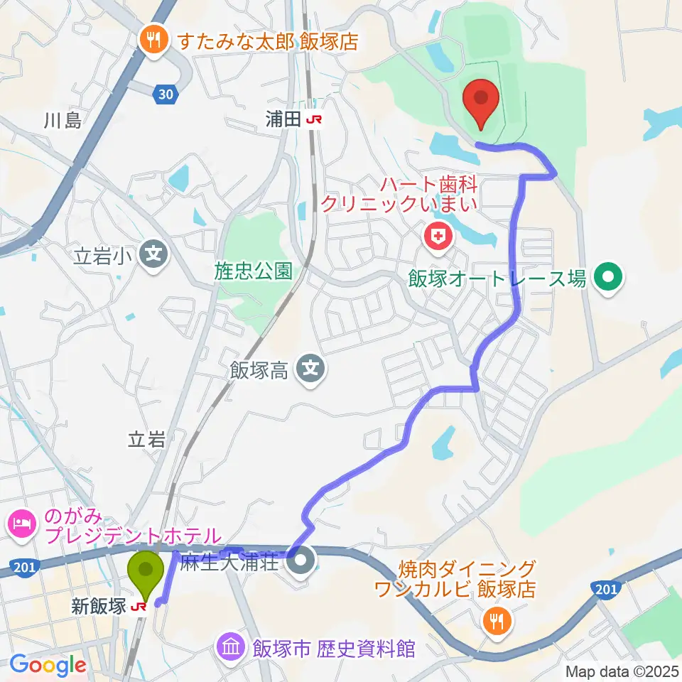 新飯塚駅から飯塚市総合体育館へのルートマップ地図