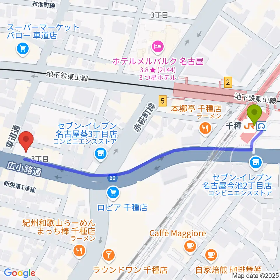 メニコンシアターAoiの最寄駅千種駅からの徒歩ルート（約6分）地図