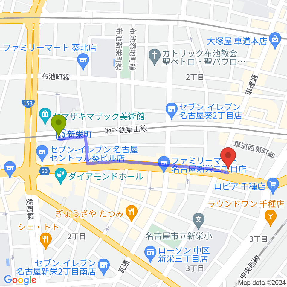 新栄町駅からメニコンシアターAoiへのルートマップ地図