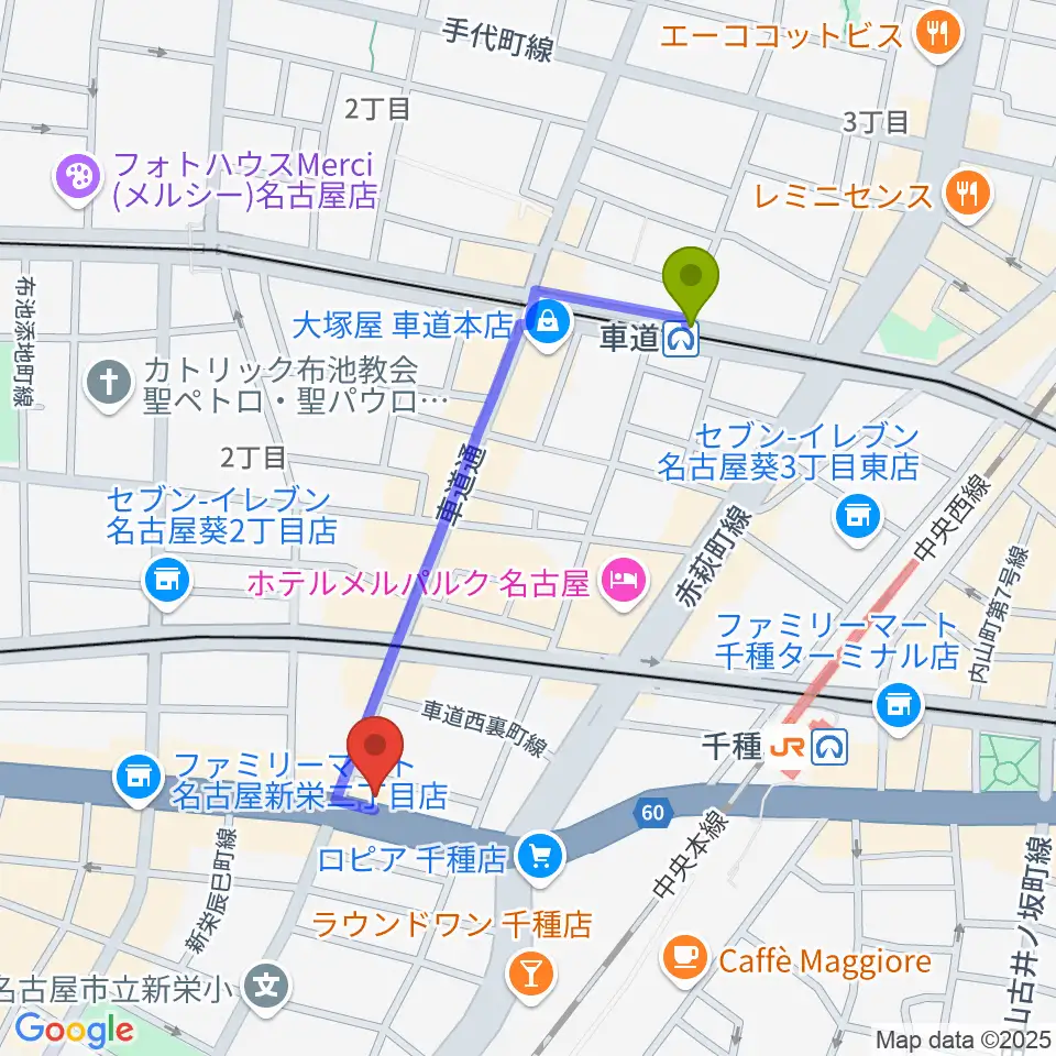 車道駅からメニコンシアターAoiへのルートマップ地図