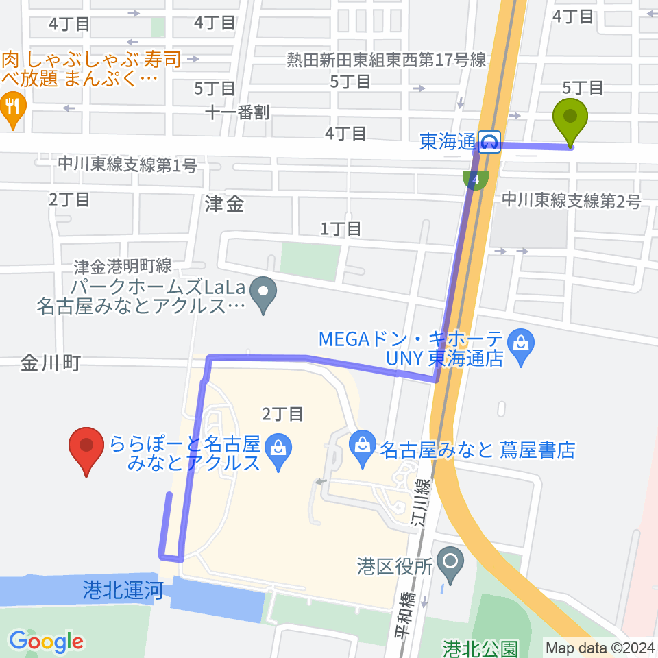 東海通駅からPORTBASE ポートベイスへのルートマップ地図