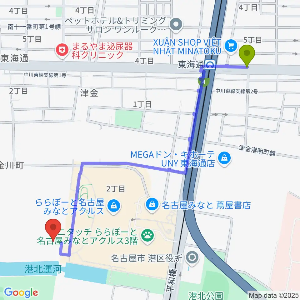 東海通駅からコムテックポートベースへのルートマップ地図