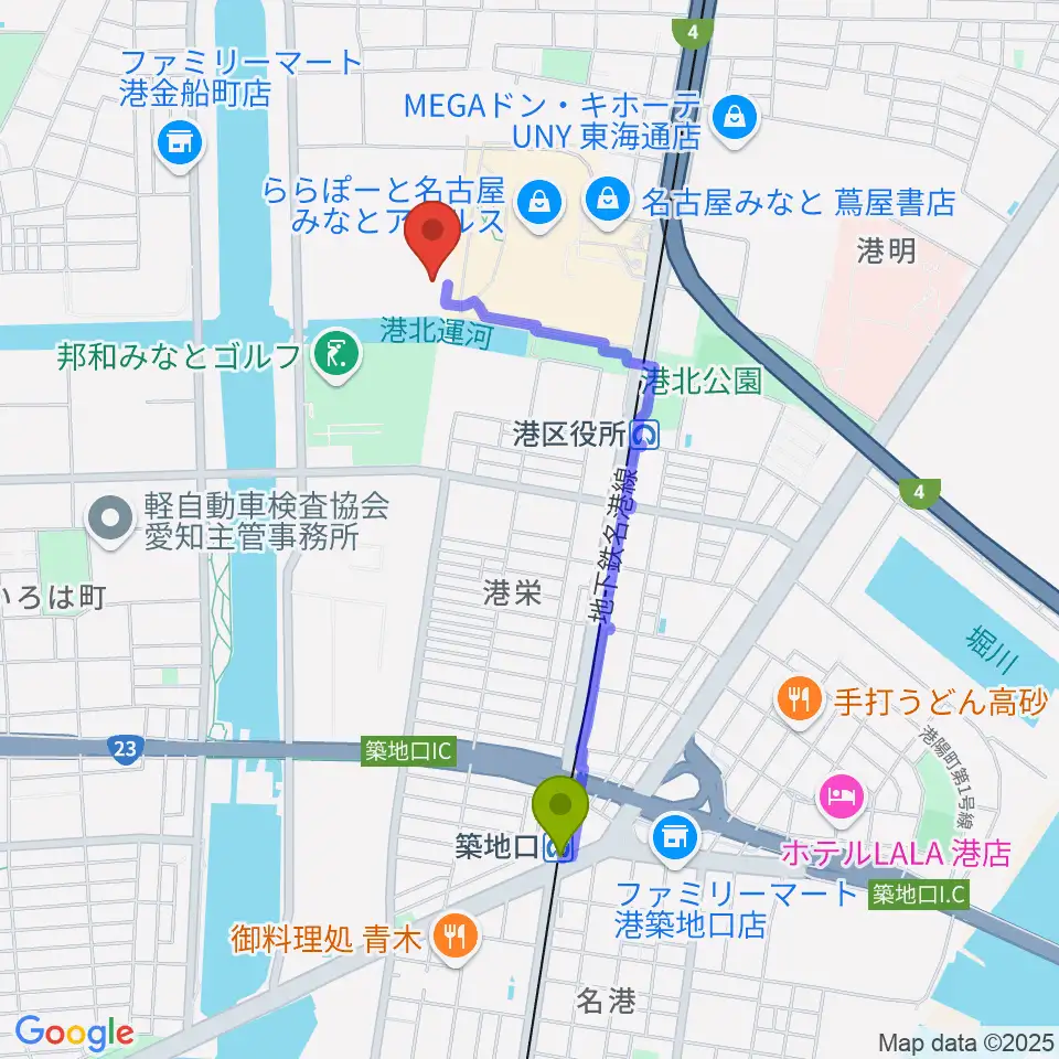 築地口駅からコムテックポートベースへのルートマップ地図