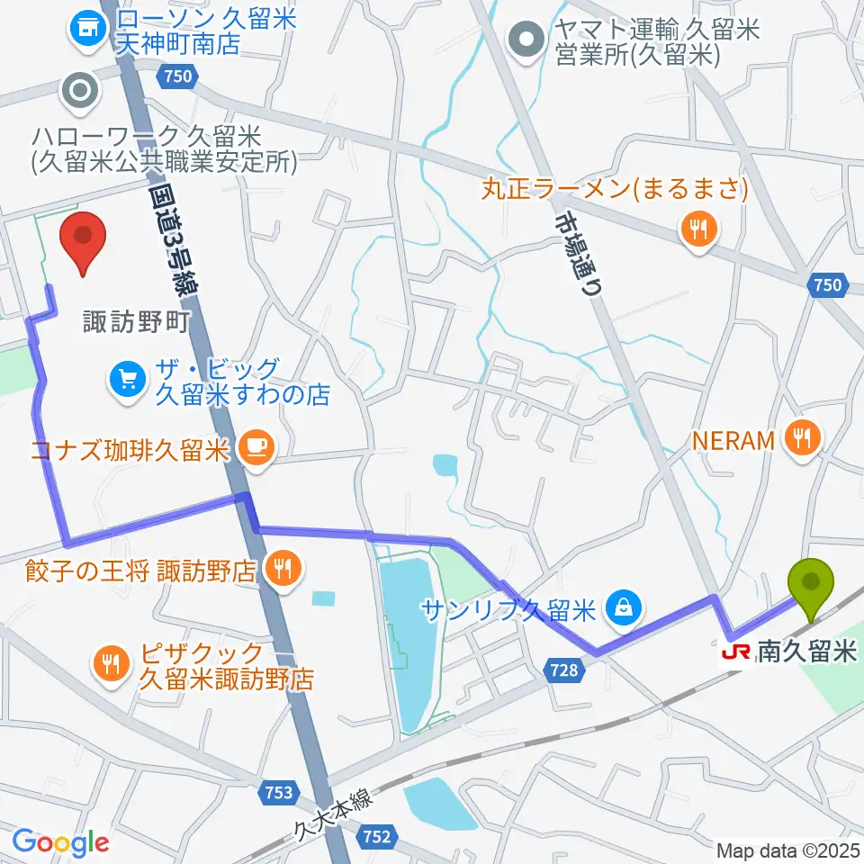 南久留米駅からえーるピア久留米 生涯学習センターへのルートマップ地図