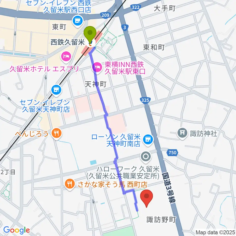えーるピア久留米 生涯学習センターの最寄駅西鉄久留米駅からの徒歩ルート（約12分）地図