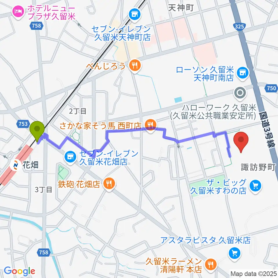花畑駅からえーるピア久留米 生涯学習センターへのルートマップ地図