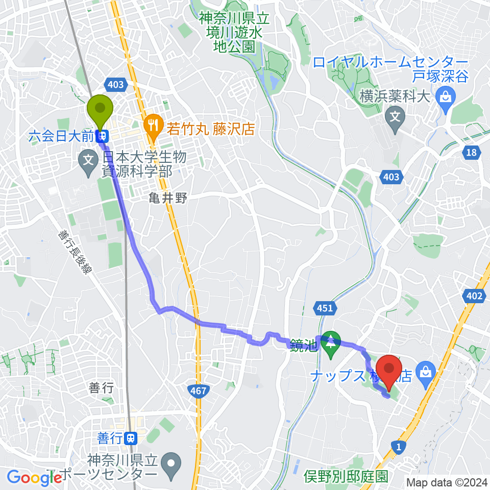 六会日大前駅から東俣野中央公園運動広場へのルートマップ地図