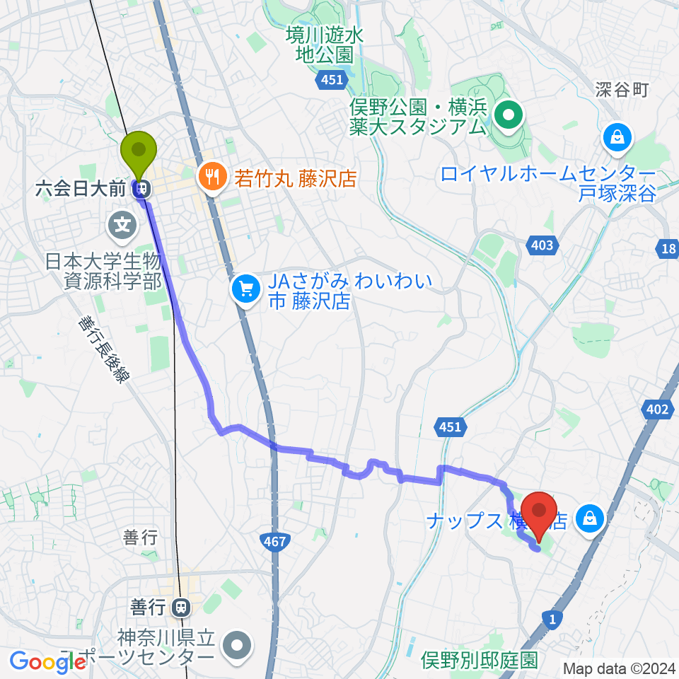 六会日大前駅から東俣野中央公園運動広場へのルートマップ地図