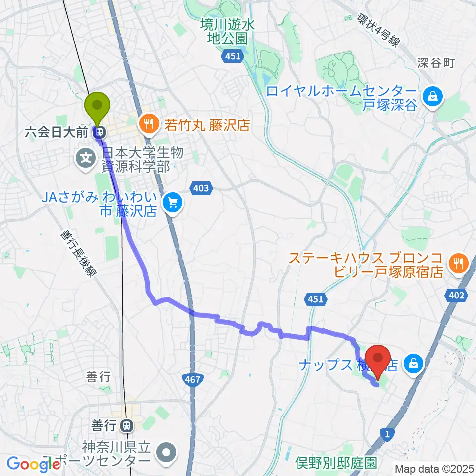 六会日大前駅から東俣野中央公園運動広場へのルートマップ地図