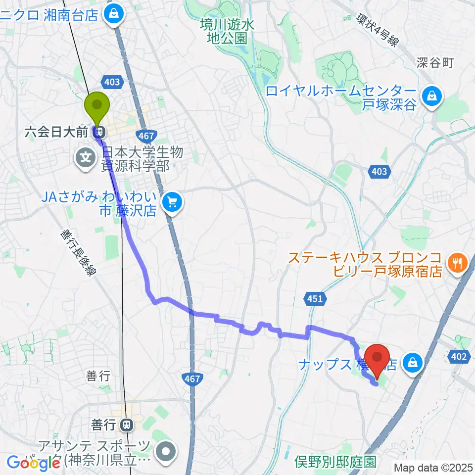 六会日大前駅から東俣野中央公園運動広場へのルートマップ地図