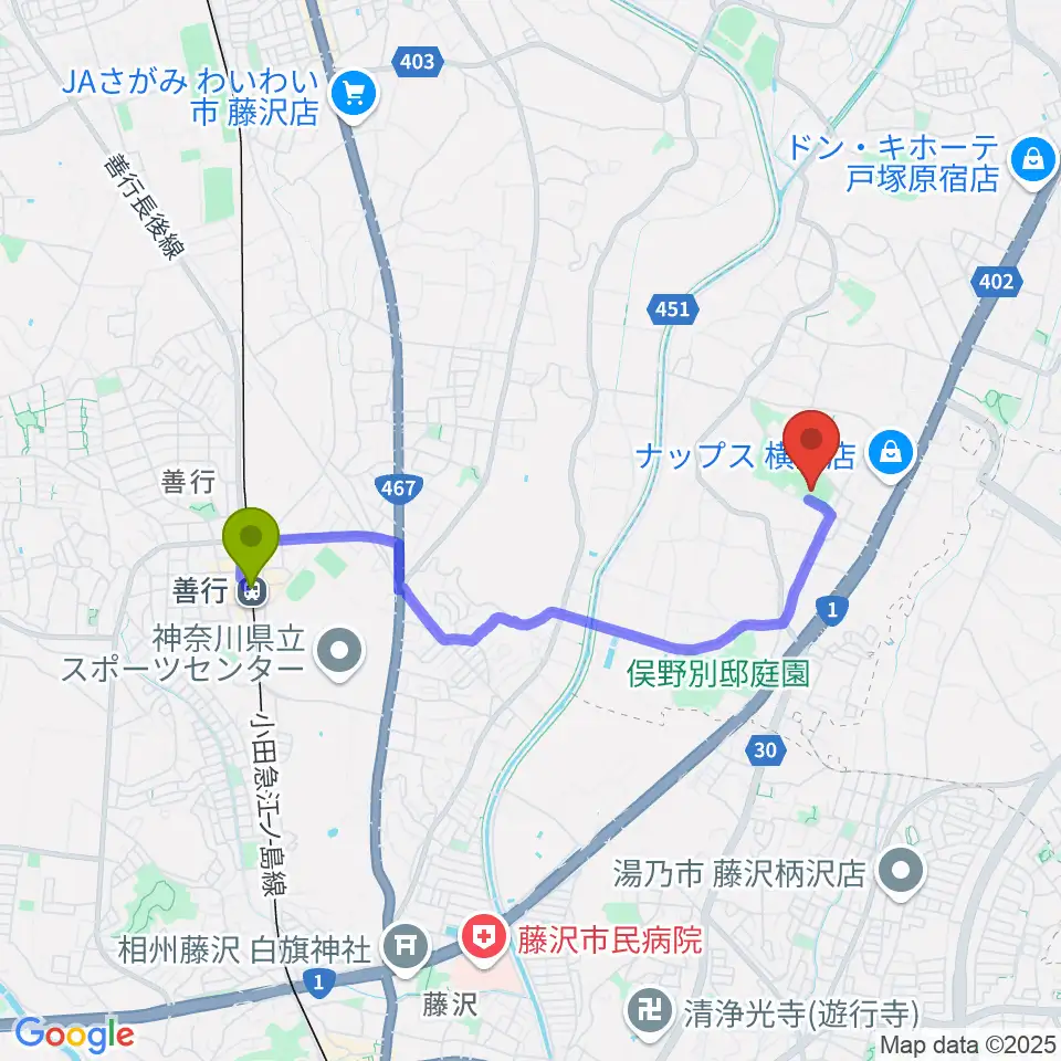 東俣野中央公園運動広場の最寄駅善行駅からの徒歩ルート（約33分）地図