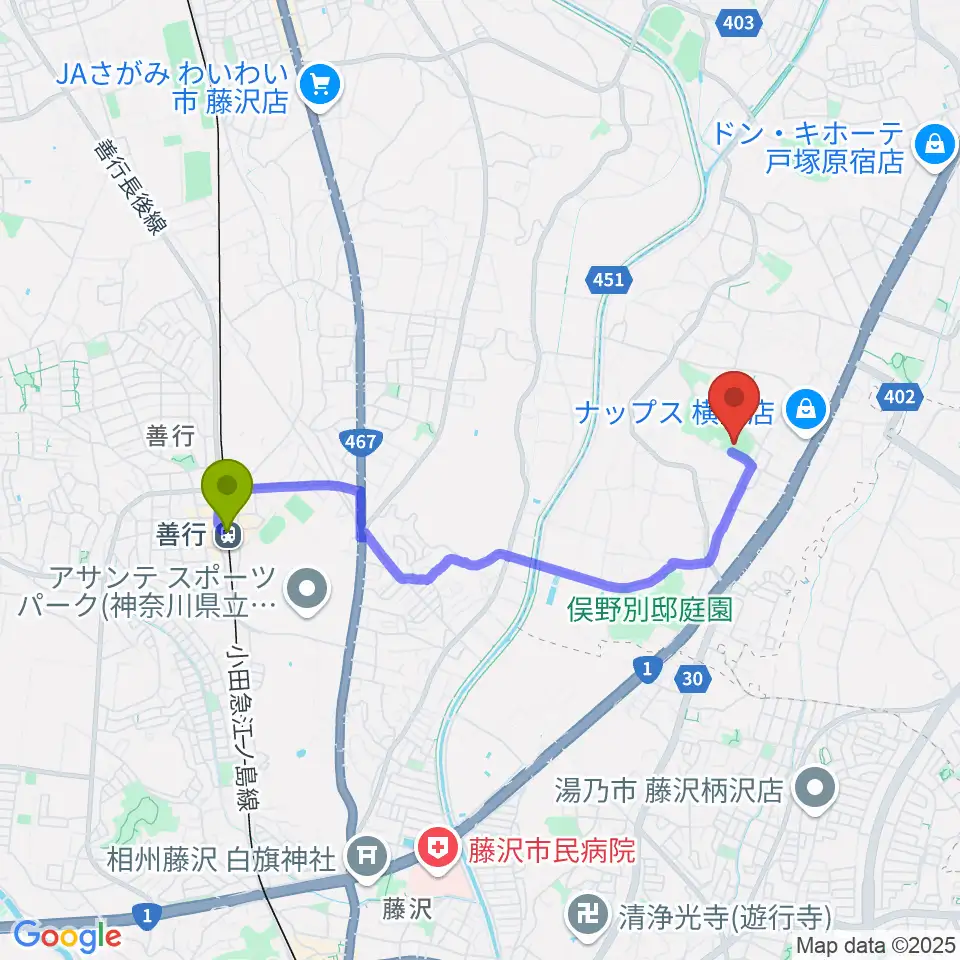 東俣野中央公園運動広場の最寄駅善行駅からの徒歩ルート（約33分）地図