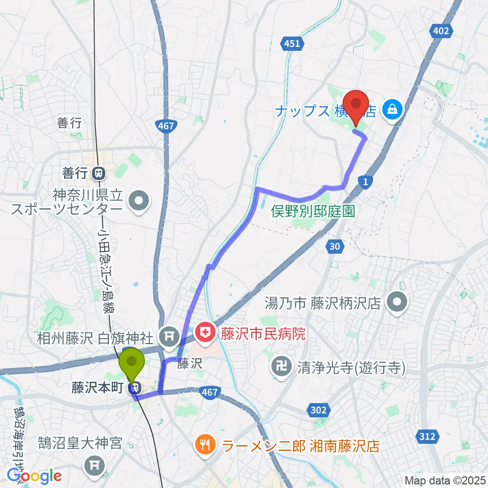 藤沢本町駅から東俣野中央公園運動広場へのルートマップ地図