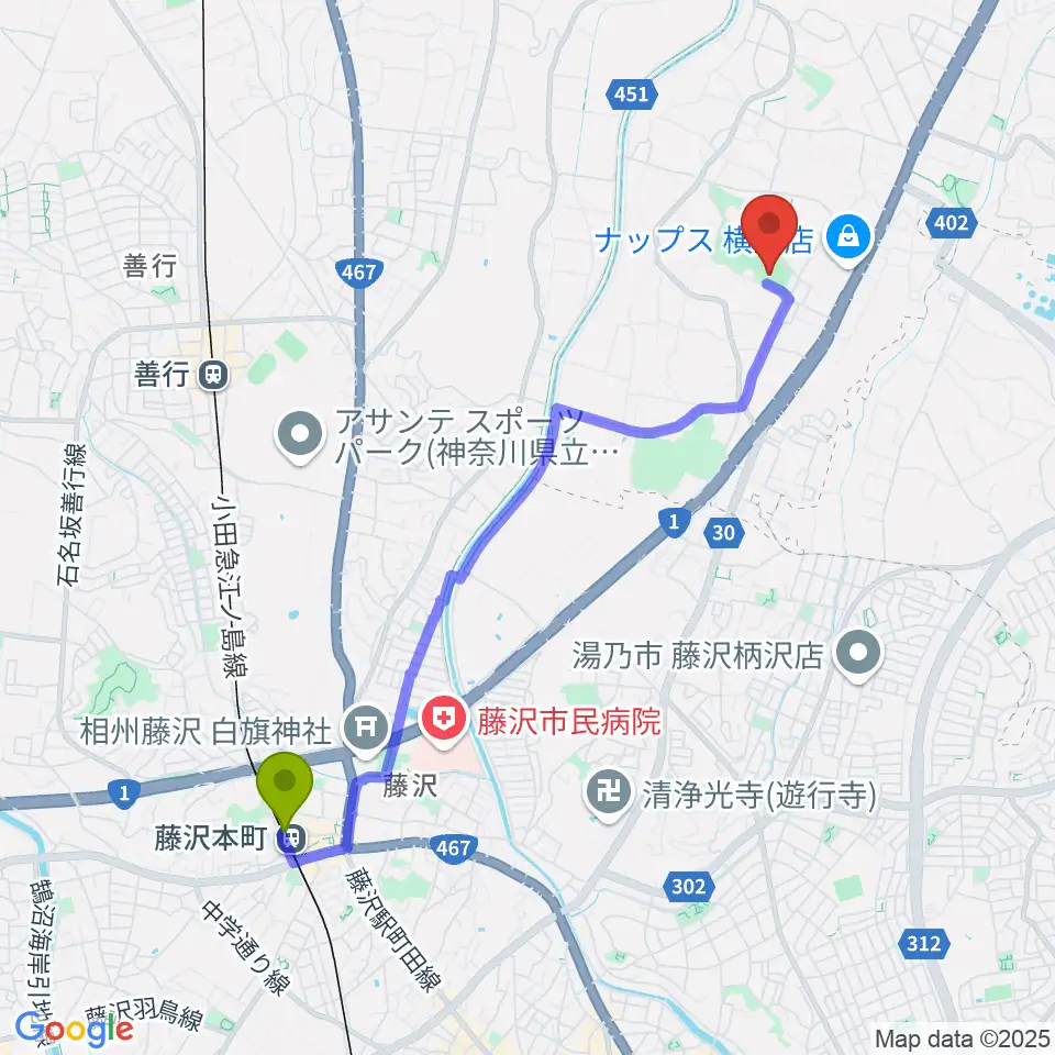 藤沢本町駅から東俣野中央公園運動広場へのルートマップ地図