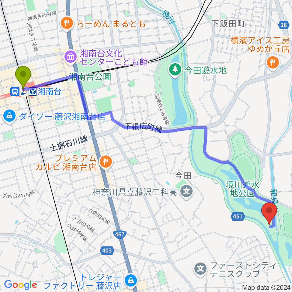 湘南台駅から境川遊水地公園野球場へのルートマップ地図