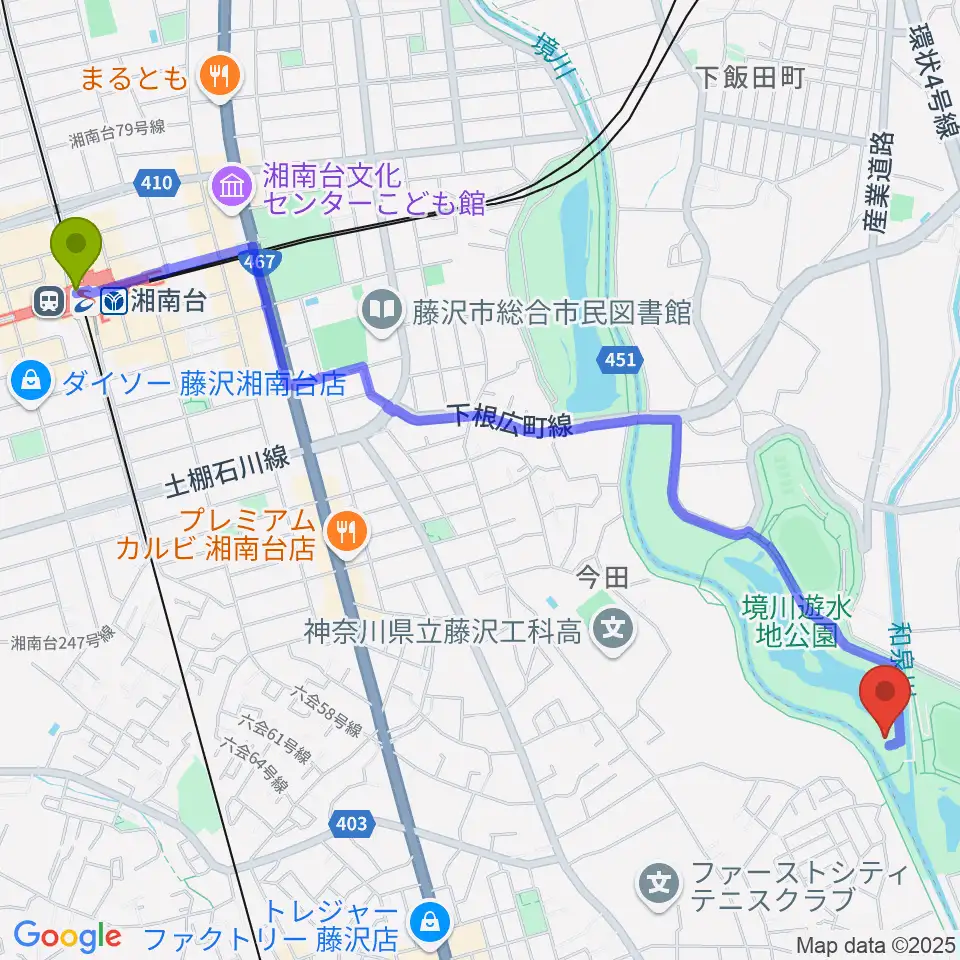 湘南台駅から境川遊水地公園野球場へのルートマップ地図