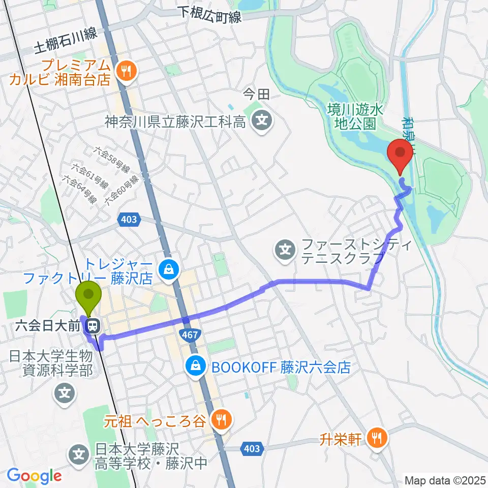 境川遊水地公園野球場の最寄駅六会日大前駅からの徒歩ルート（約22分）地図