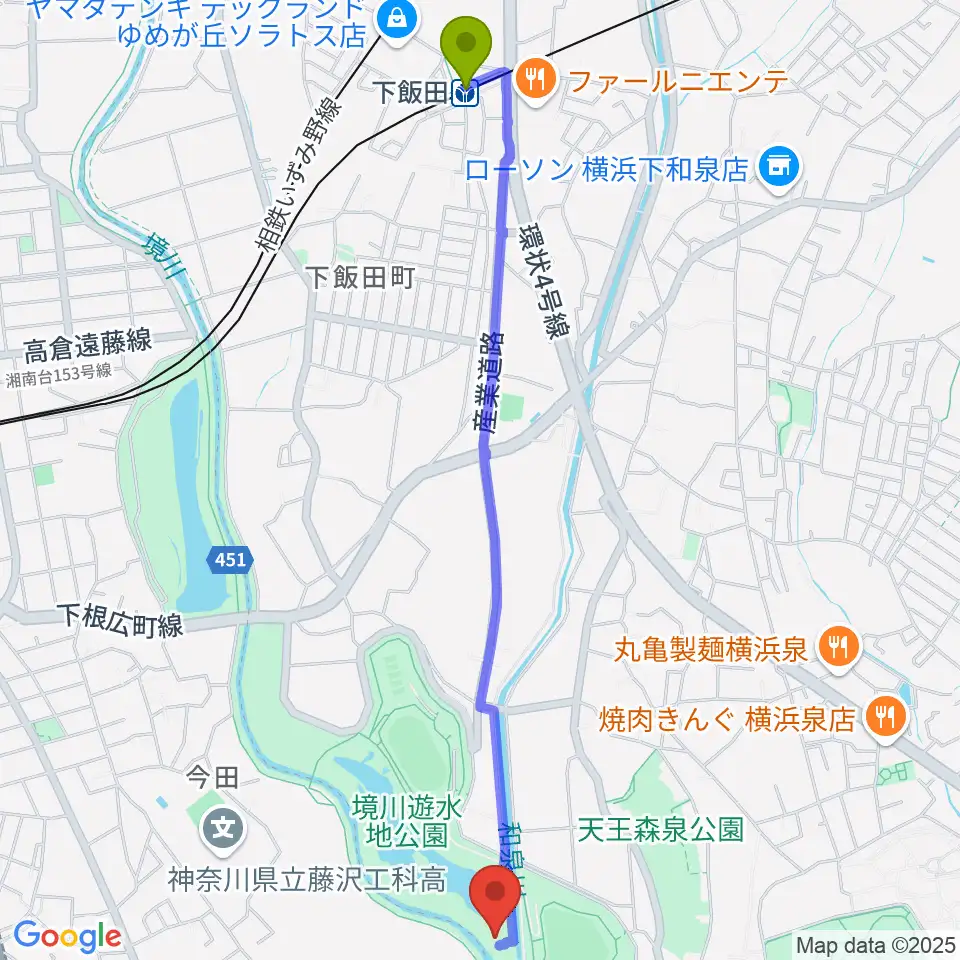 下飯田駅から境川遊水地公園野球場へのルートマップ地図