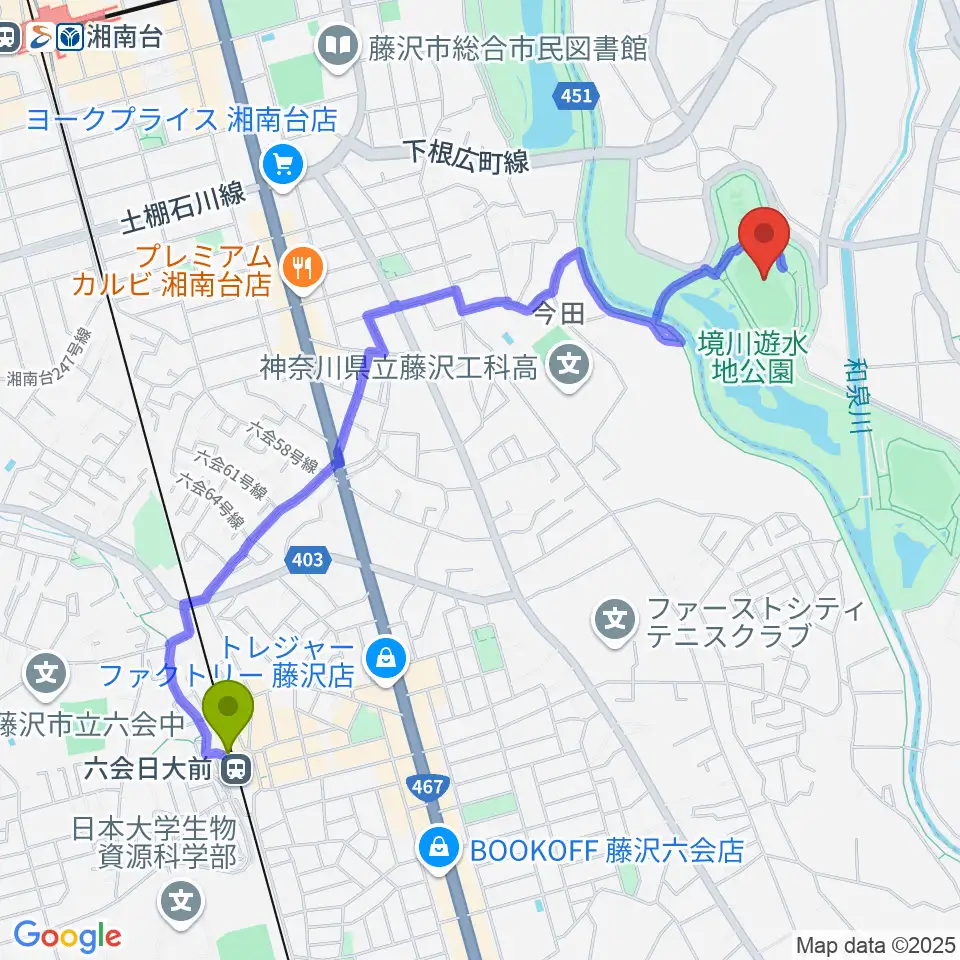 六会日大前駅から境川遊水地公園多目的グラウンドへのルートマップ地図