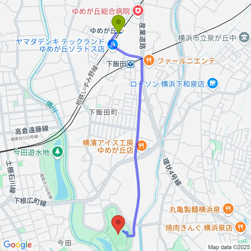 ゆめが丘駅から境川遊水地公園多目的グラウンドへのルートマップ地図