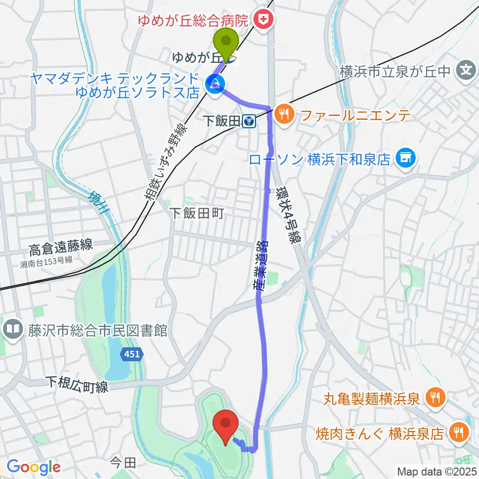 ゆめが丘駅から境川遊水地公園多目的グラウンドへのルートマップ地図