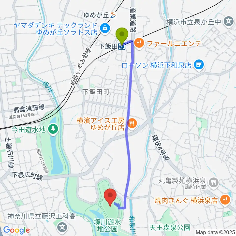 境川遊水地公園多目的グラウンドの最寄駅下飯田駅からの徒歩ルート（約21分）地図