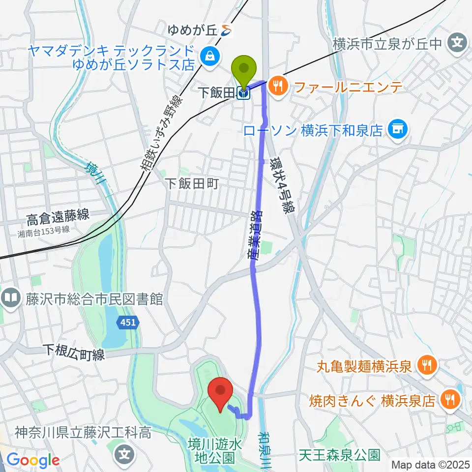境川遊水地公園多目的グラウンドの最寄駅下飯田駅からの徒歩ルート（約21分）地図