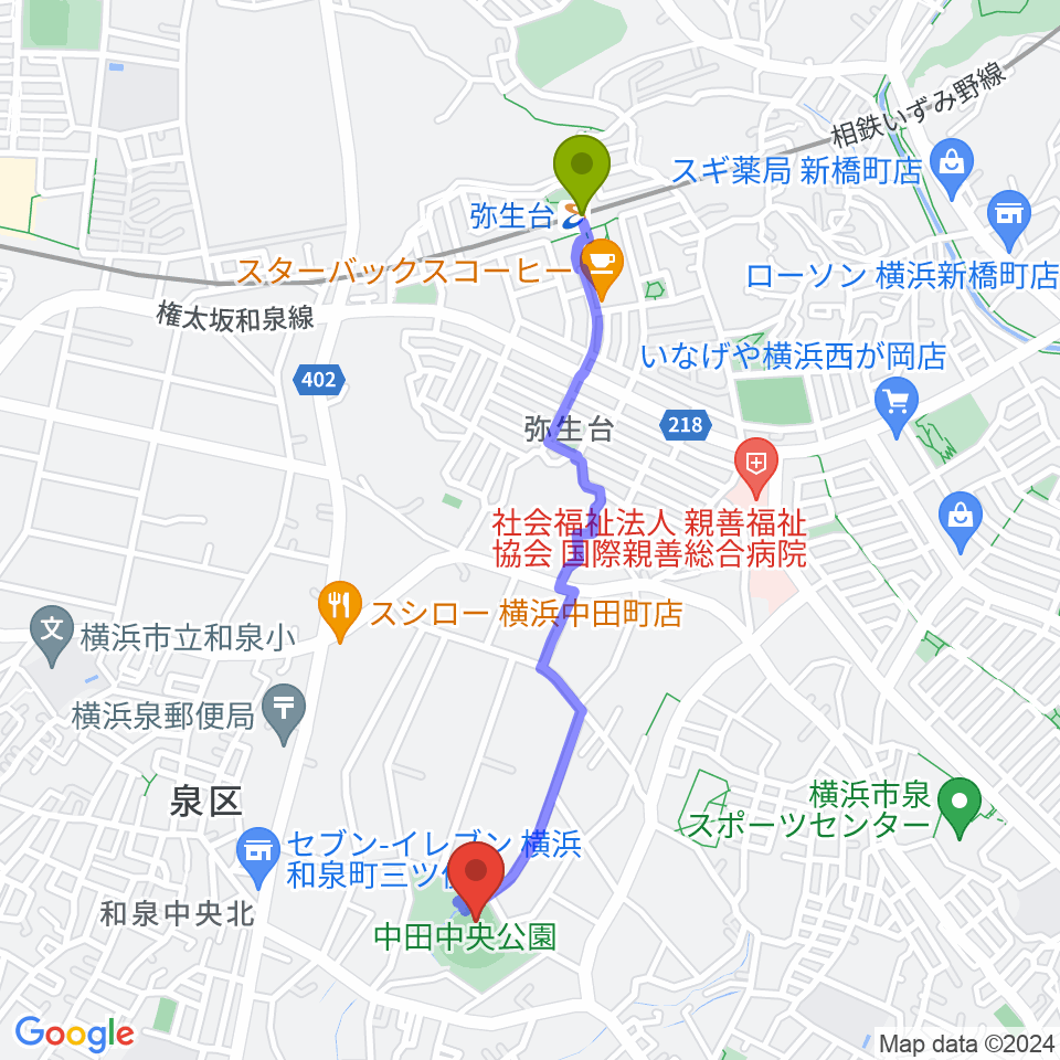 弥生台駅から中田中央公園野球場へのルートマップ地図