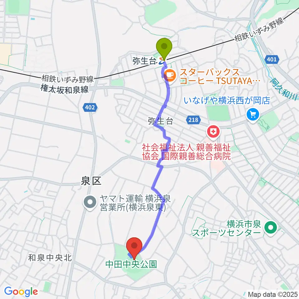 弥生台駅から中田中央公園野球場へのルートマップ地図