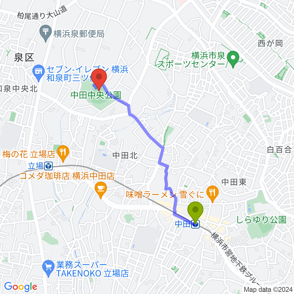 中田駅から中田中央公園野球場へのルートマップ地図