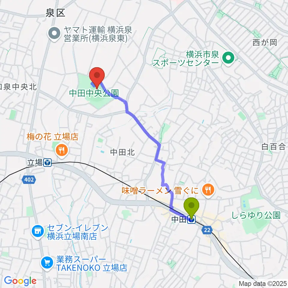 中田駅から中田中央公園野球場へのルートマップ地図