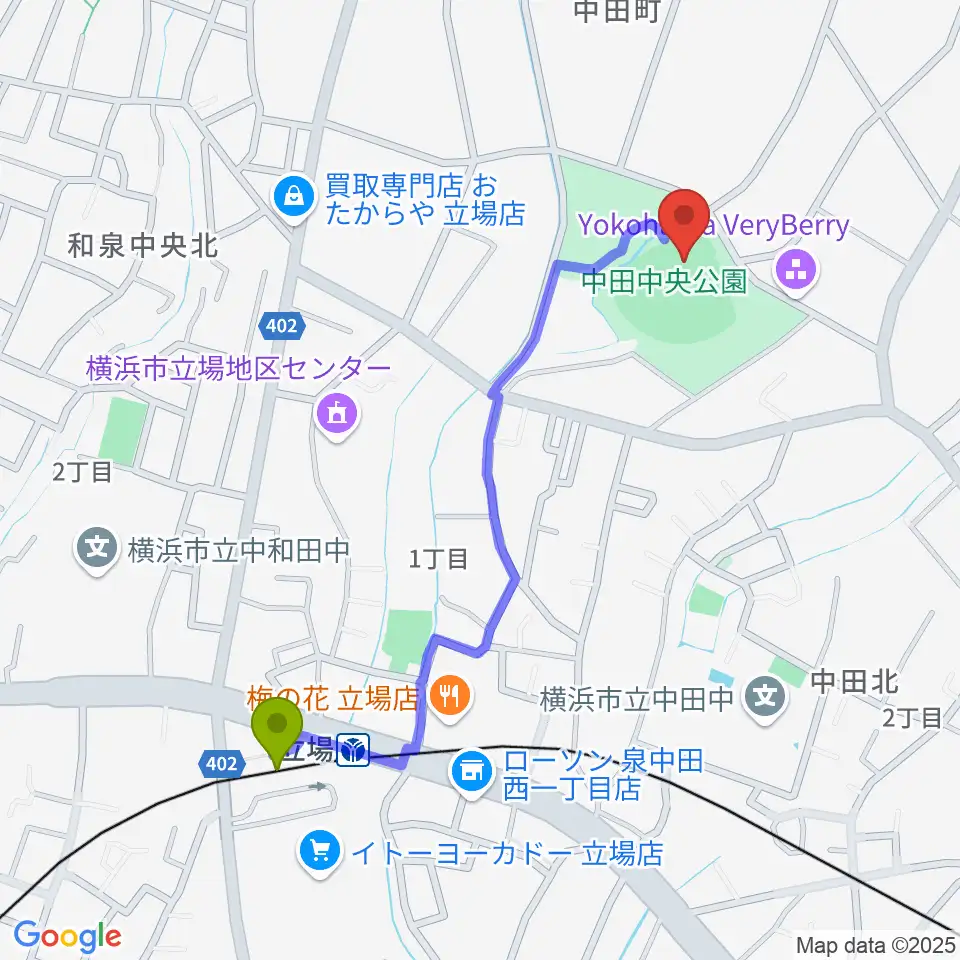 中田中央公園野球場の最寄駅立場駅からの徒歩ルート（約11分）地図