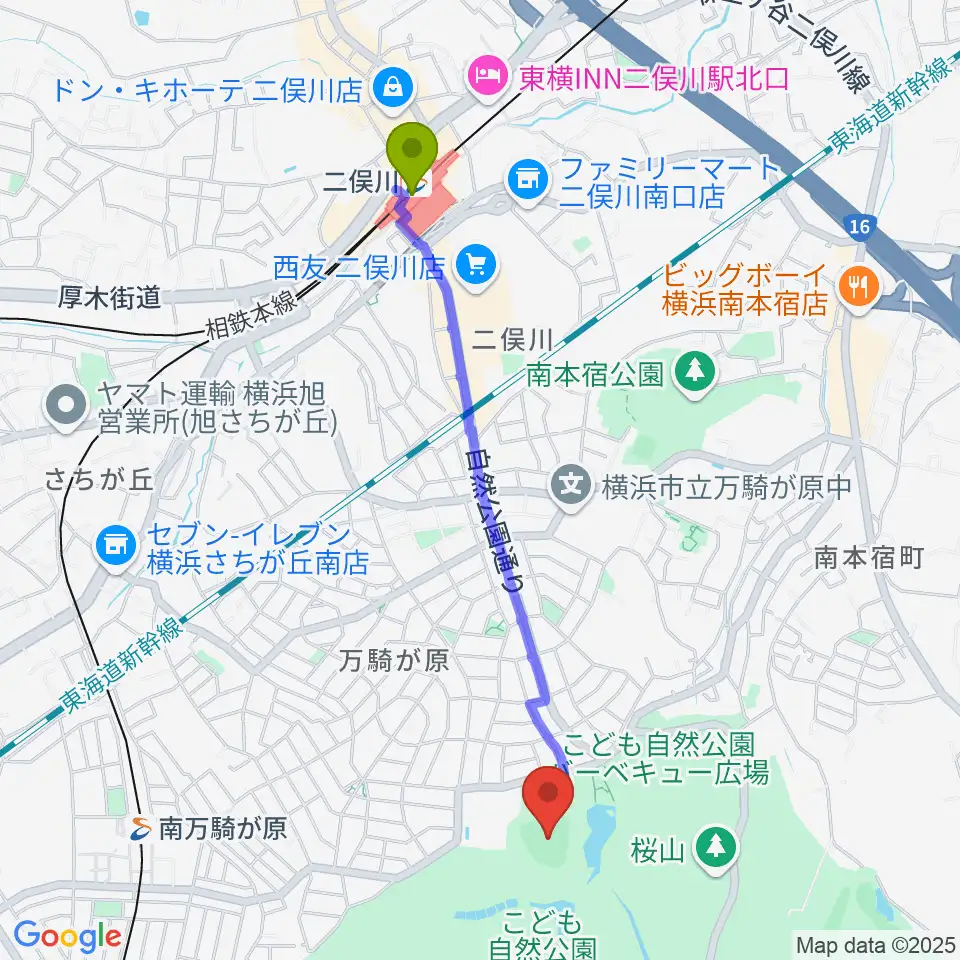 二俣川駅からこども自然公園野球場へのルートマップ地図
